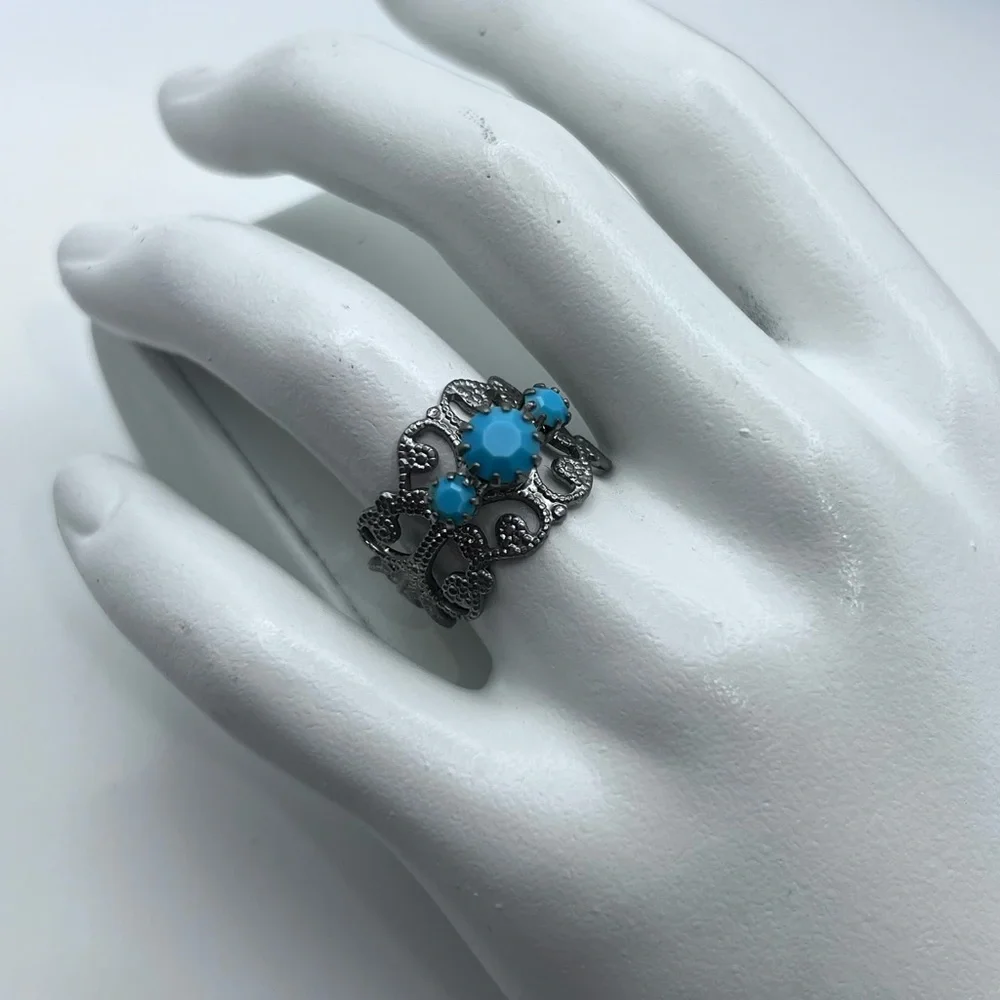5/$25 Boho Filigree Adjustable Ring - Black Metal & Blue Accents